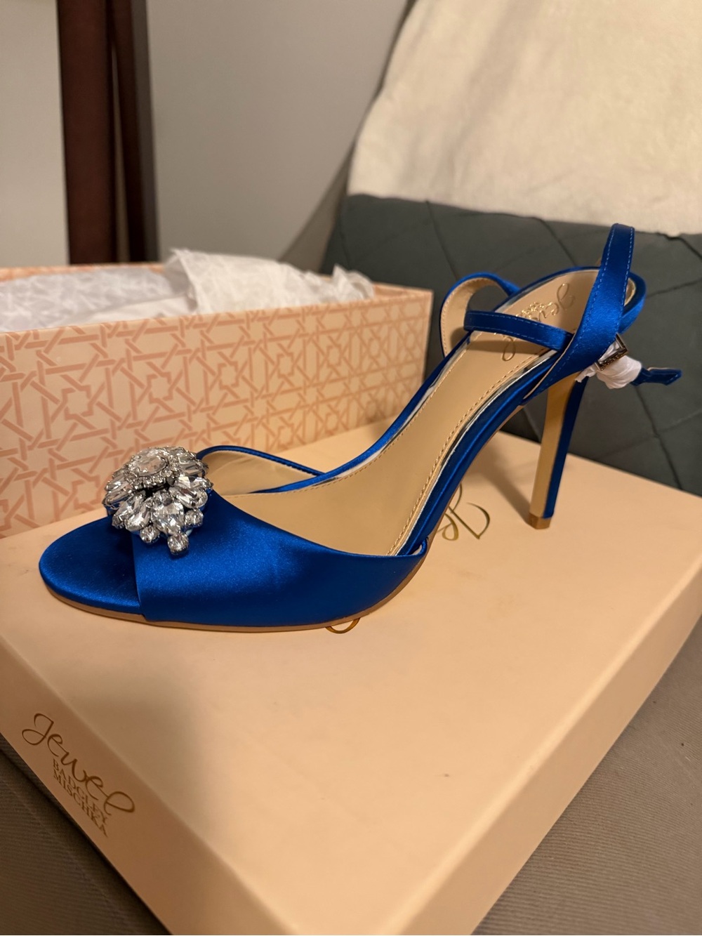 Badgley Mishka Satin Open-Toe High Heel Sandal with Crystal Brooch - Royal Blue